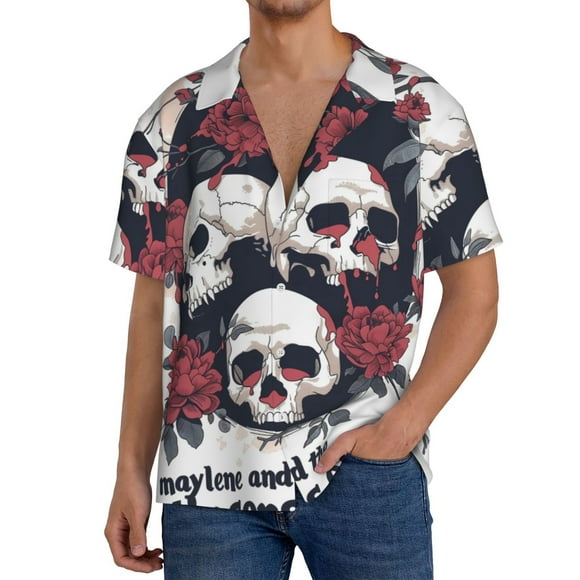 Fotbe Gothic Skulls And Roses Camisa Estampada de Manga Corta para Hombre, Casual de Verano, Estilo Playero, Sin Arrugas-Large