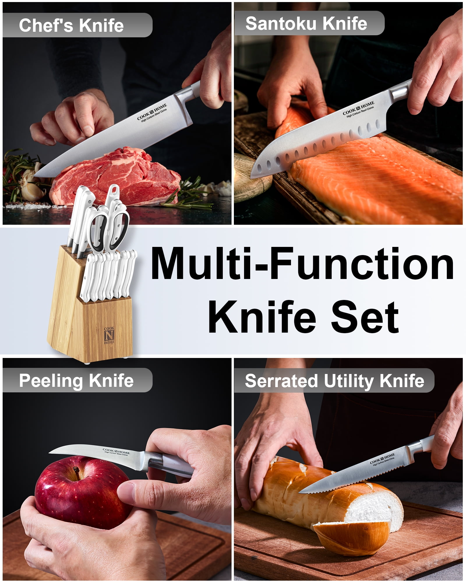 Cook N Home Kitchen Chefs Knife Set with Bamboo Storage Block 15-Piece, High Carbon Stainless Steel Blade, Ergonomic Handle,White