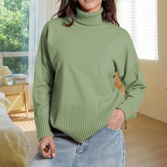 KANG Split Hem Oversized Knit Pullover Sweater Soft High Neck Casual Winter Tunic Top For Ladies Cozy Fall Fashion Comfort Wear