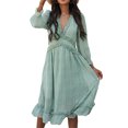 thumbnail image 1 of Women's Spring Summer Dress Deep V 3/4 Long Sleeve Dress Ruffle Hem & Trim, 1 of 2
