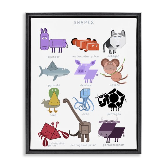 Stupell Industries Cottage Learning 3D Shapes with Animals Black Floating Frame Canvas Art, 17 x 21, by Carla Daly