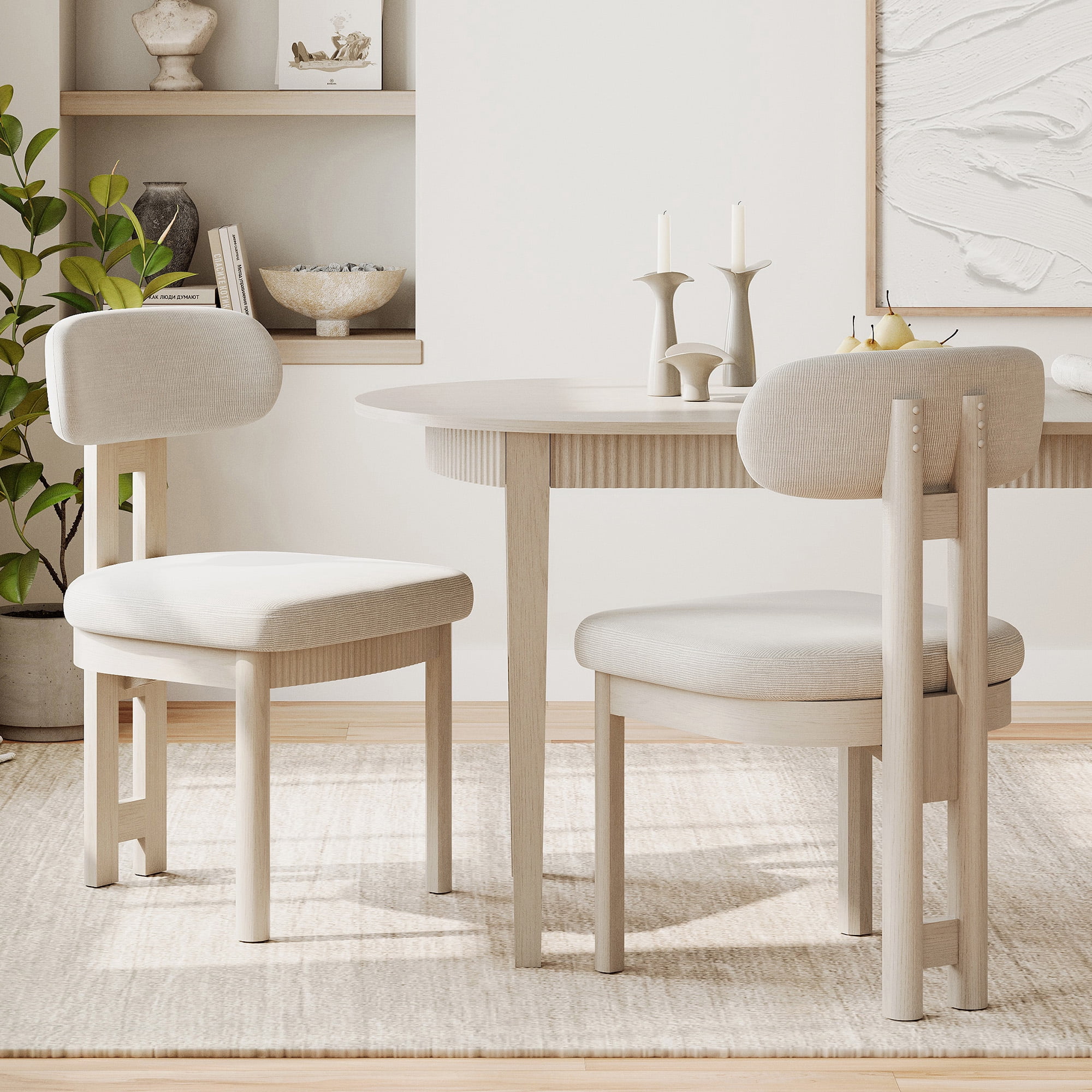 Mid-Century Modern Dining Chairs Set of 6,Polyester Linen Fabric Kitchen Chairs with Solid Wood Legs and Fluted Apron, Armless Side Chairs with Curved Backrest For Dining Room, Living Room