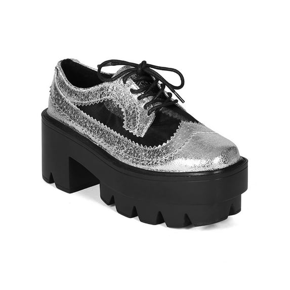 New Women Bumper Rave-02 Metallic PU Mesh Platform Oxford Chunky Heel Creeper