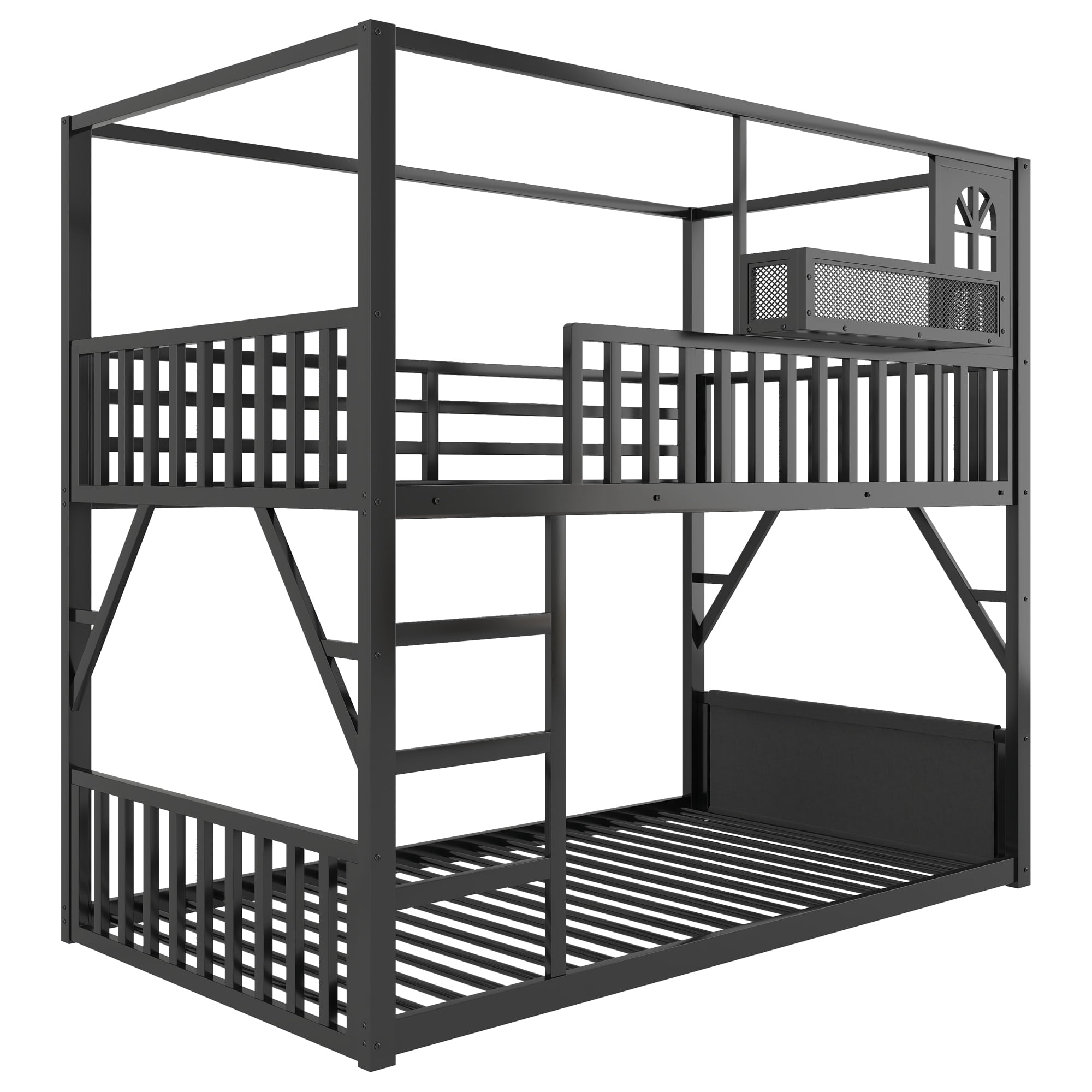 HOQBN Floor Bunk Bed Twin Over Twin,Metal Low Bunk Bed Frame with Storage Shelves and Storage Bag,Black