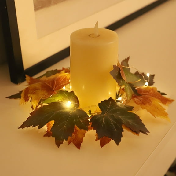 Zawou LED Artificial Maple Leaf Wreath with Berries and Pumpkins for Thanksgiving Candle Centerpiece, Fall Table Decor, Multicolor