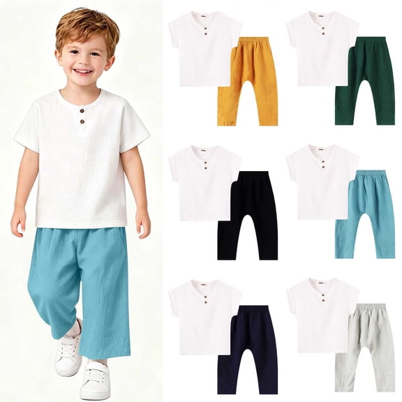 Rvasteizo Toddler Summer Outfits Solid Short Sleeve Top Wide Leg Pants 0-8 Years Unisex Kids Sport Set