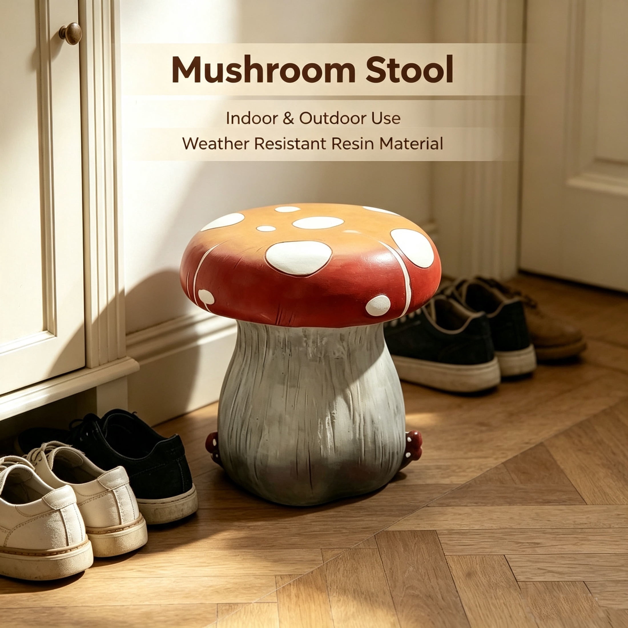 Noble House Antique Mushroom Stool, Cute Fairy Decorative Statue, Outdoor Creative Figurine Seat for Patio, Garden, Red