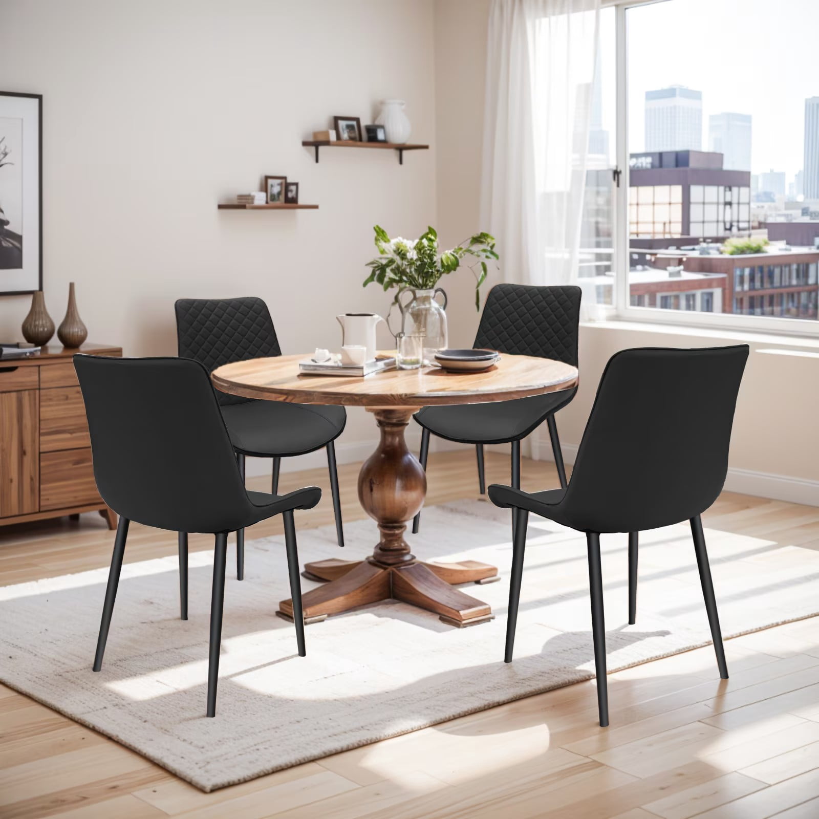 Aukfa Dining Chairs Set of 4, Upholstered Faux Leather Side Chairs with Metal Legs for Kitchen, Restaurant, Living, Black