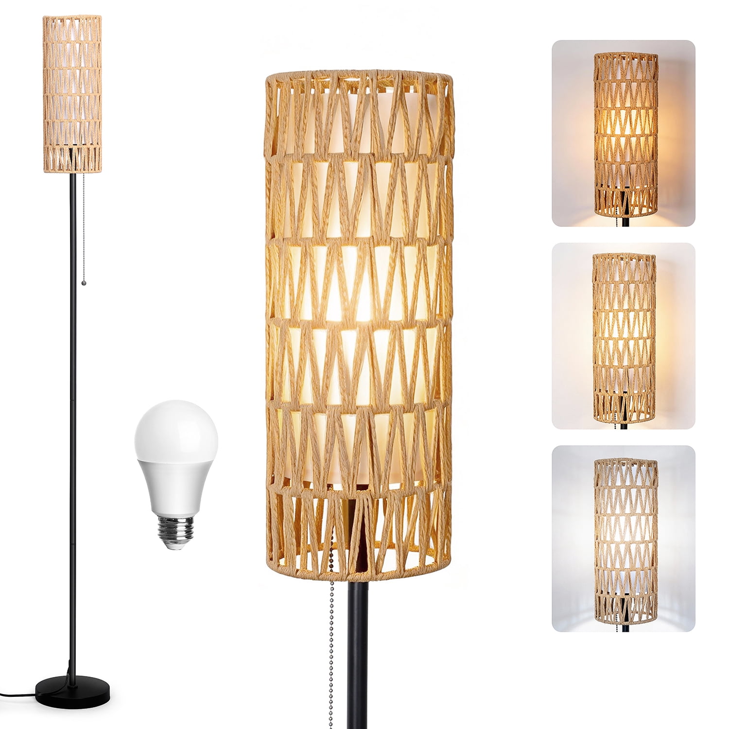 Vesteel Floor lamp for Living Room, Farmhouse Rattan Floor Lamp with 3 Color Temperatures, Standing Lamp for Bathroom, Office, Study Room