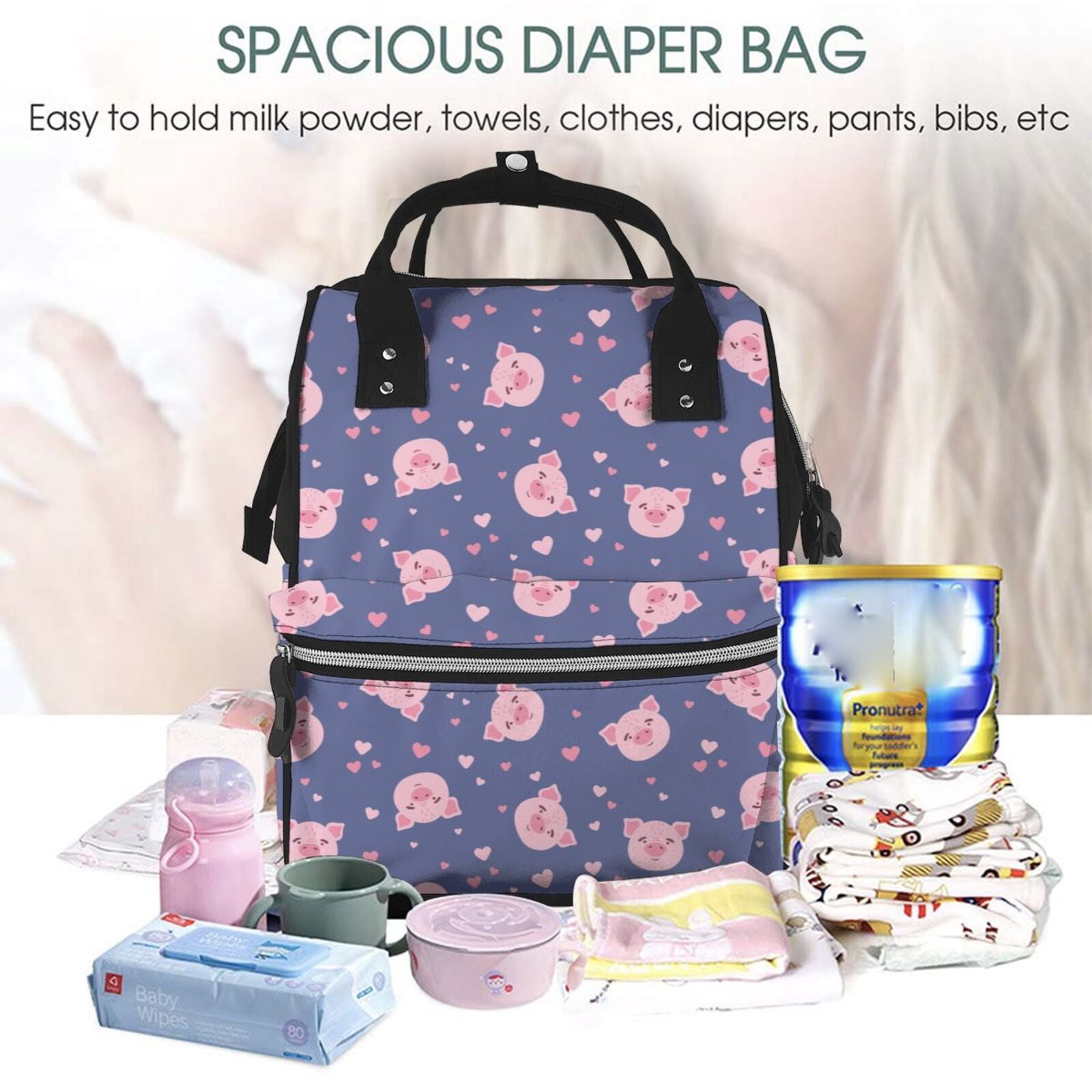 Ratiio Cute Pig Mummy Backpack - Waterproof Twill Canvas, Large Capacity Diaper Bag with Multiple Pockets and Adjustable Straps