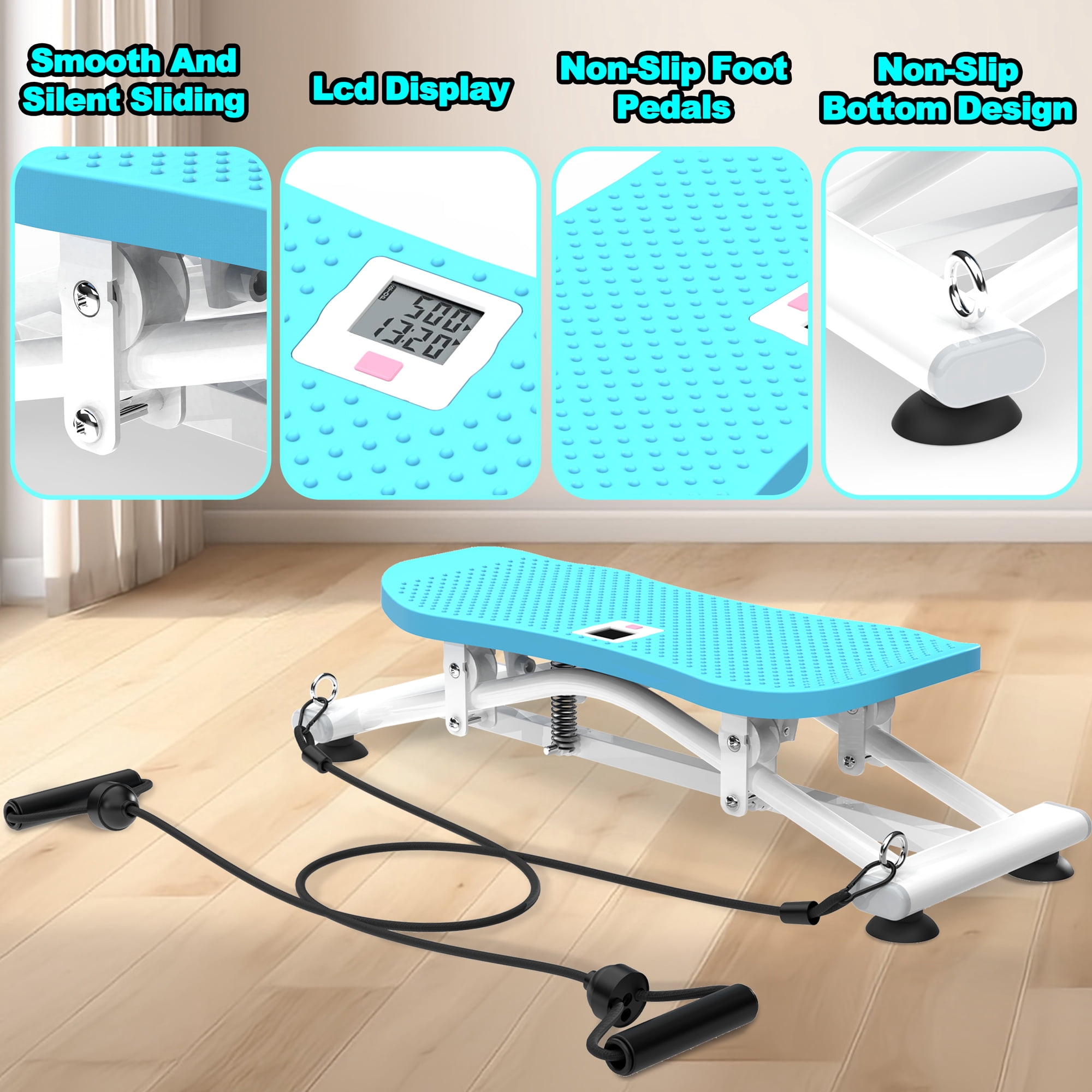 Ski Simulator, Indoor Skiing Machine, Sliding Fitness Trainer with Resistance Bands, Detachable Bands, Non-Slip Base, 300 Lbs Capacity, for Core Leg Arm Workout, Full-Body Cardio at Home Gym, Blue