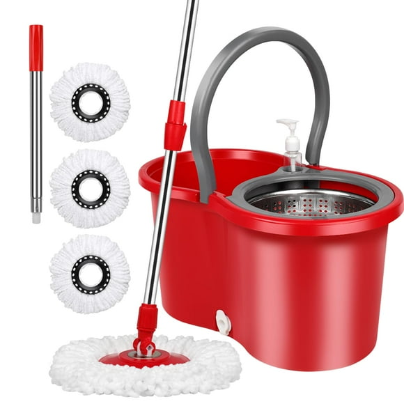 Spin Mop and Bucket Set 360 Spin Mop and Bucket with Wringer Set and 3 Microfiber Mop Refills Stainless Steel 61"" Extended Handle Spinning Mop Bucket System for Floor Cleaning