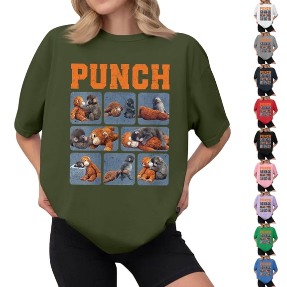 Youpwaven Punch the Monkey Women's Graphic T-Shirt, Cute Monkey & Gorilla Plushie Interaction Short Sleeve Crewneck Tee, Casual Fashion Summer Top S-2XL