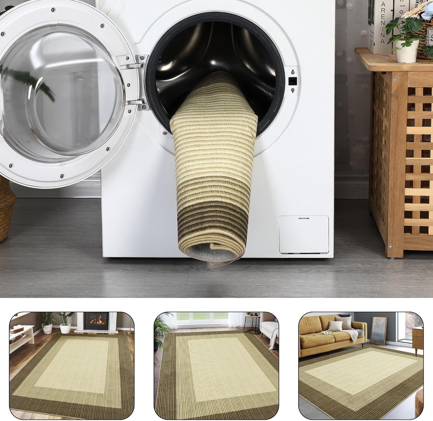 Area Rug 10x13 Modern Neutral Solid Large Machine Washable Rug for Living Room, Non-Slip Non Shedding Bordered Soft Carpet, Low Pile Foldable Printed Rug for Bedroom, Dining Room, Brown