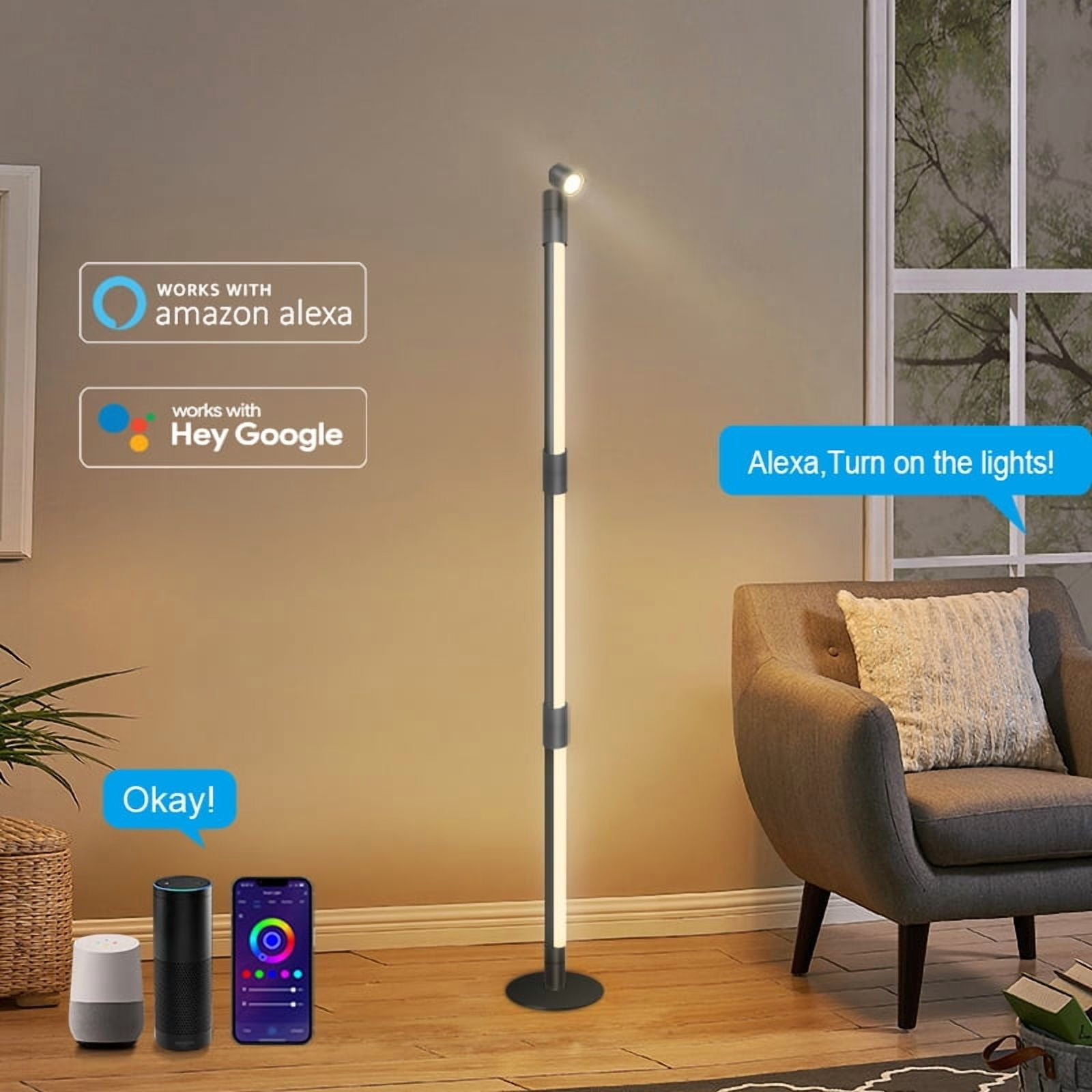 Lemohome Floor Lamp, New Bluetooth Rotatable RGB Warm White 3 Section w/ Remote APP Spotlight