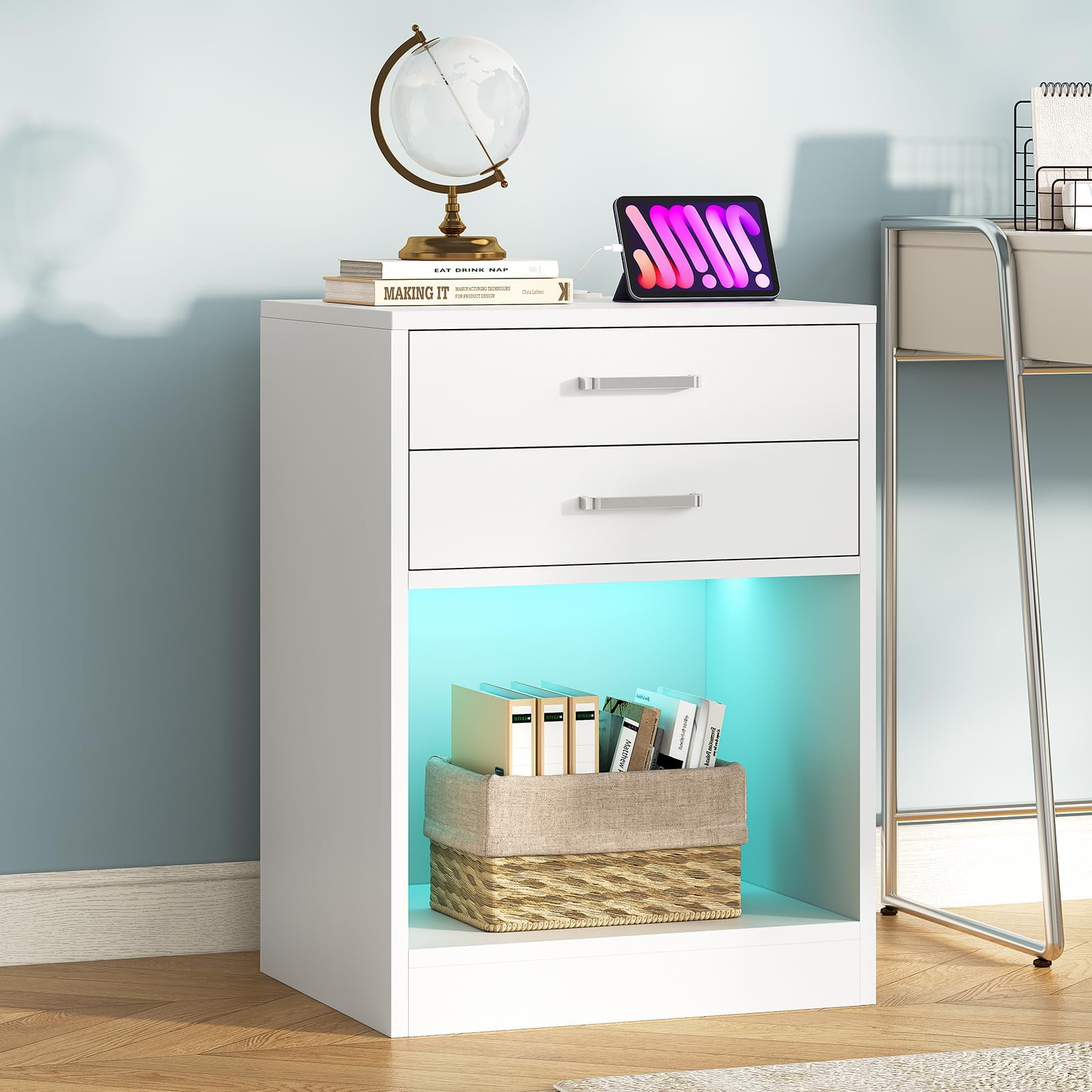 Nightstand with Charging Station and LED Lights,White Bedside Table with Power Outlets & Drawers,Modern End Side Table Set of 2 for Bedrooms