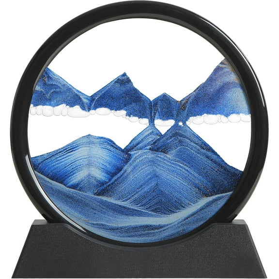 Moving Sand Art Liquid Motion, 3D Deep Sea Sandscape Color Quicksand Decor, Round Glass Moving Sand Art Picture Relaxing Desktop Home Office Work Decor (Blue, 7 inch)