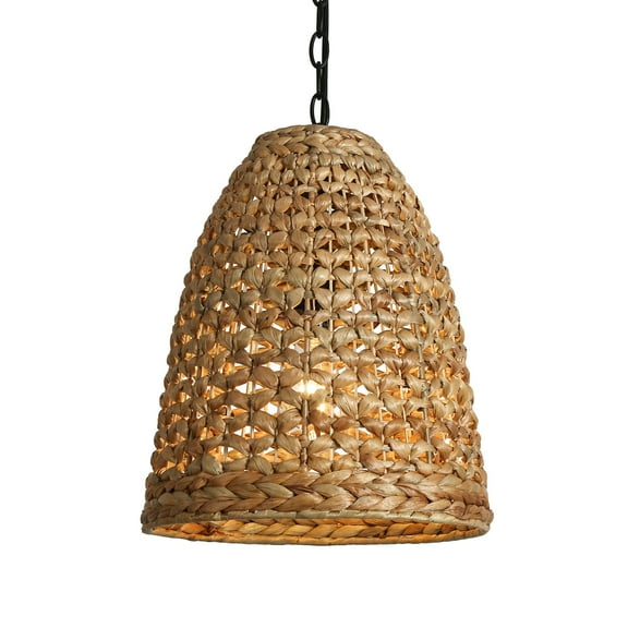 LNC Holophankton Black with Natural Brown Rattan Modern Bell Hanging Kitchen Island Light