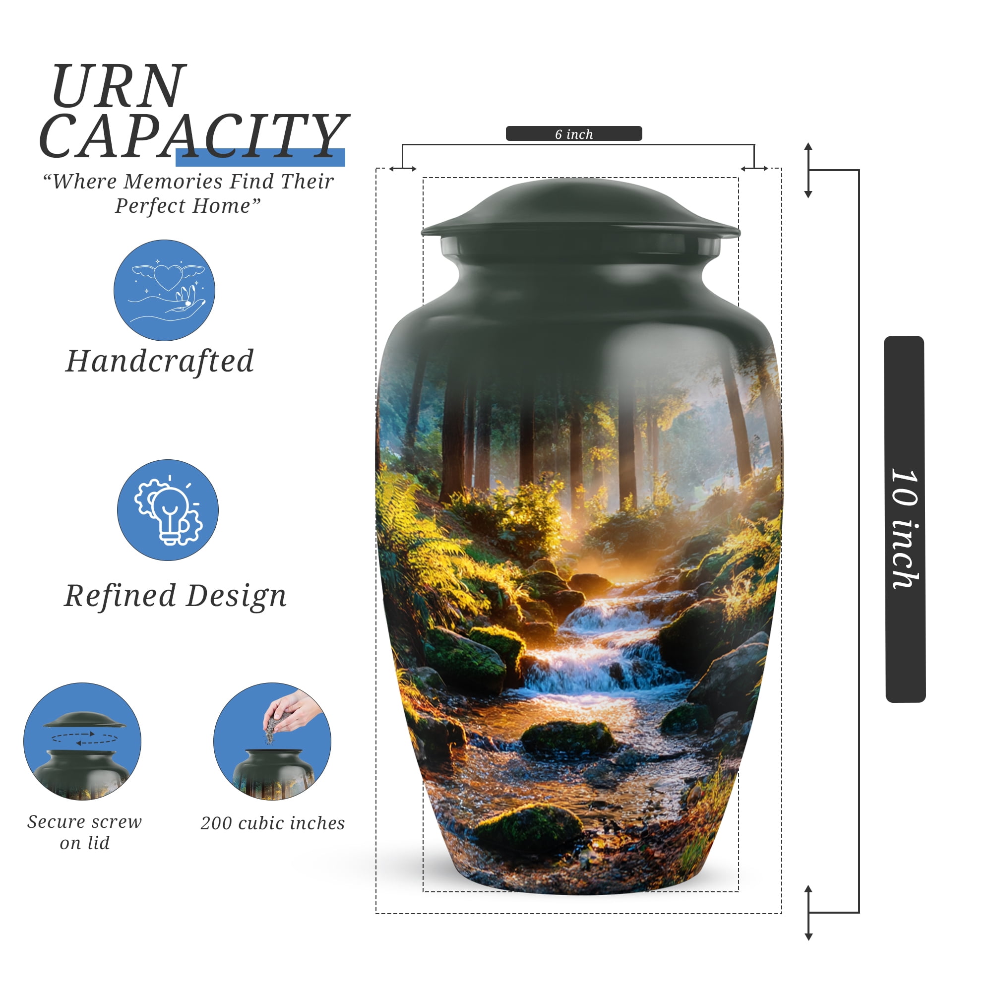 Waterfall Decorative Urn For Ashes Adult Male Large, Cremation Urns For Human Ashes Adult Male Dad, Green Urns For Man And Woman, Funeral Urn For Mother And Father, 10 Inch
