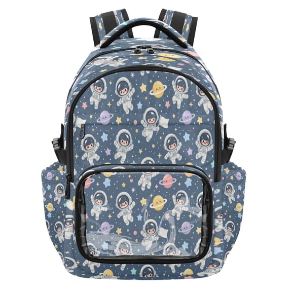 Qxltty Cute Astronaut Space Backpack School Bookbag with Clear PVC Front Pocket, Laptop Compartment, Water Resistant Travel Daypack for Students