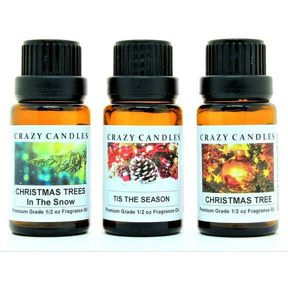 Crazy Candles 3 Bottle Set (Made in USA) Tis The Season, Christmas Tree, Christmas Trees in The Snow 1/2 Fl Oz Each (15ml) Premium Grade Scented Fragrance Oil