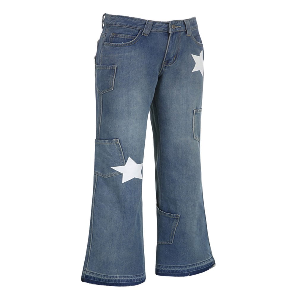 パンツ 00s y2k ANDWANG BACK CUTOUT DENIM PANTS y2k Jeans for Women Graphic Star Print Low Waist Flared