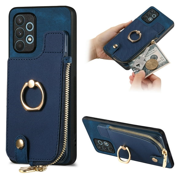 Dteck for Samsung Galaxy A32 5G Zipper Wallet Case, Shockproof with Card Holders Flip Premium PU Leather Card Slots with 360°Rotation Ring Stand Protective Phone Cover, blue