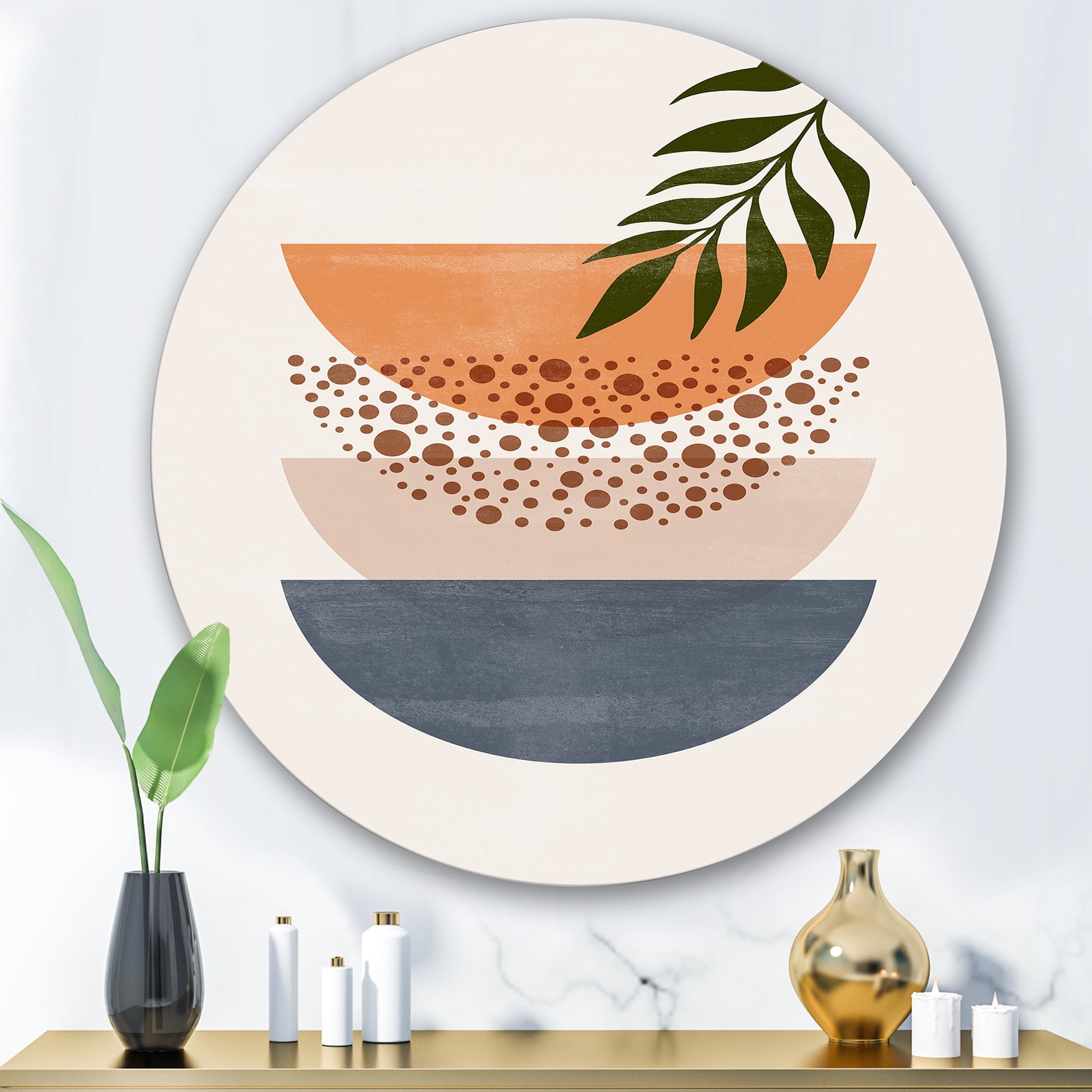 Designart 'Abstract Geometrical Moon and Sun With Leaf III' Modern Circle Metal Wall Art 36x36 - Disc of 36