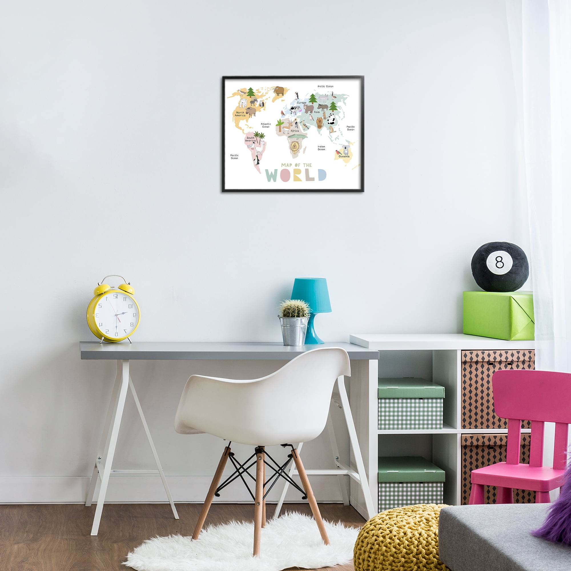 Map Of World Pastel Animals Black Framed Giclee Art, design by Carla Daly
