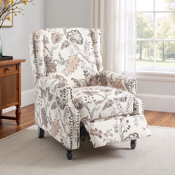 DREAMSIDEA Push Back Recliner Chair Living Room, Wingback Reclining Sofa Chair, Fabric Floral Recliner Reading Chair with Footrest for Living Room/Office/Apartment, Beige Plants