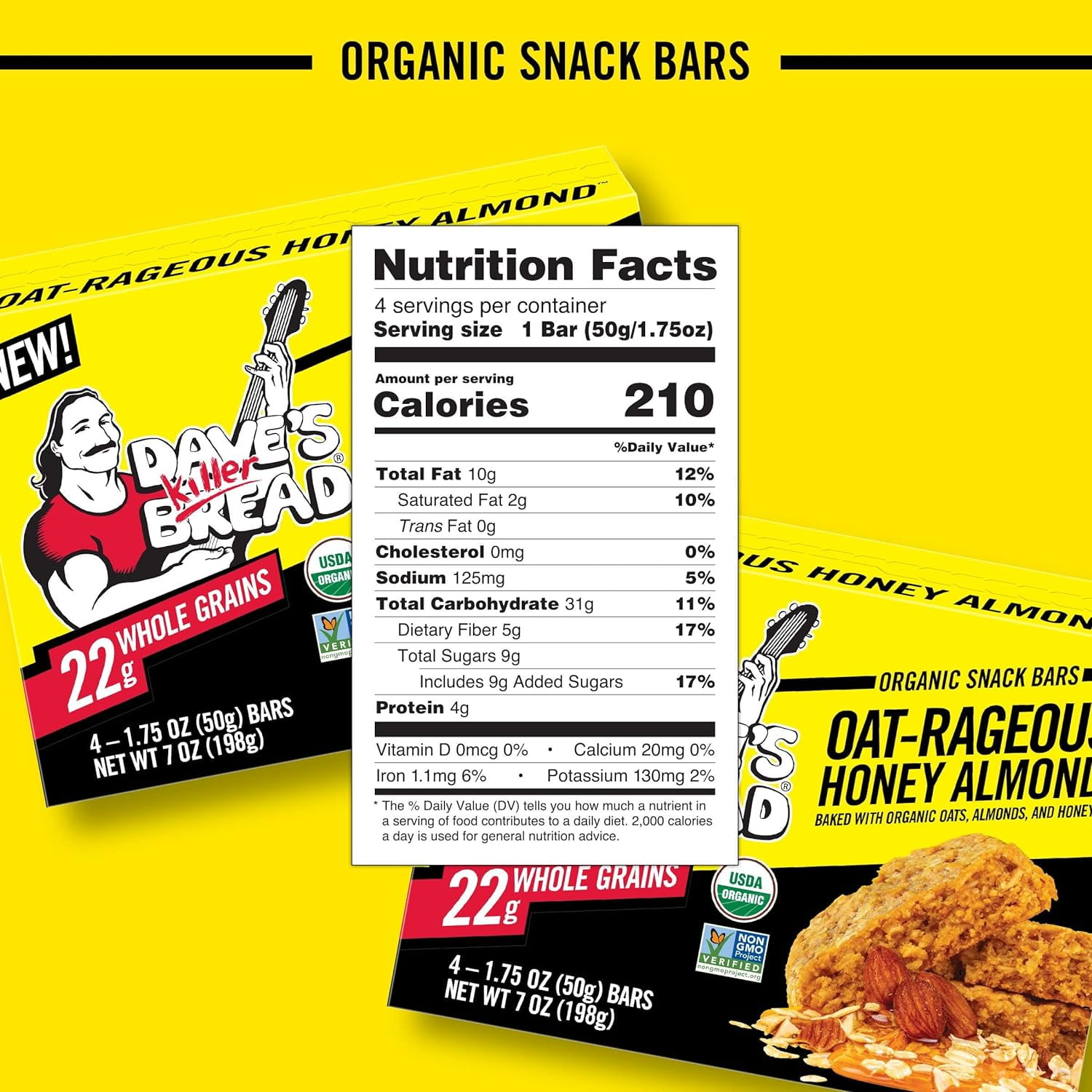 (2 pack) Dave's Killer Bread Oat-Rageous Honey Almond Organic Snack Bars, 4 Individually Wrapped Snack Bars