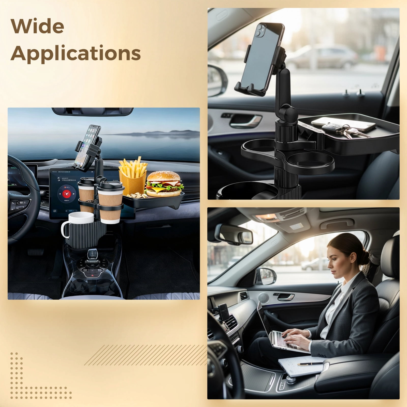 6-in-1 Car Cup Holder Expander with Tray & Phone Mount, Multi Car Food Tray with 360° Rotation Adjustable Base, Car Cup Holder Organizer for Drinks, Snacks, Gray