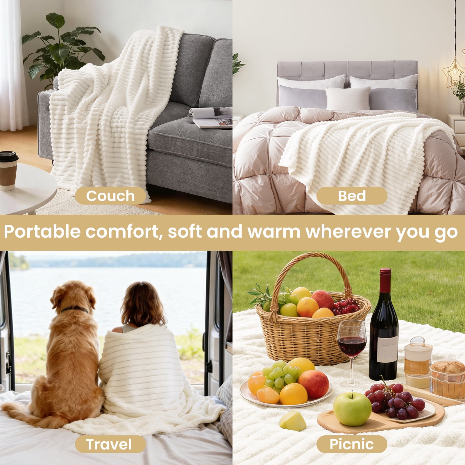 EMONIA White Queen Fleece Blanket for Bed, 320GSM Super Soft Cozy Blankets and Throws, Decorative Throw Blankets for Women Men Gifts, Throws with Stripes for Sofa Bed Decor, 90''x90''