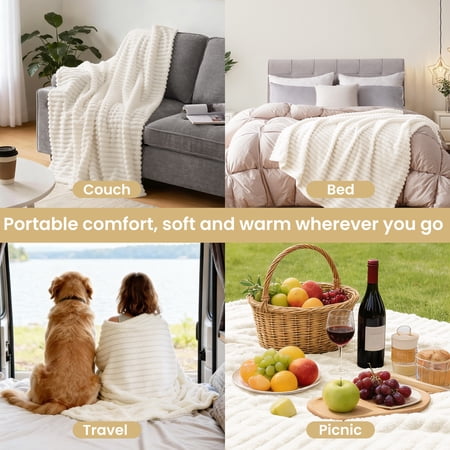 EMONIA White Fleece Throw Blanket for Couch, 320GSM Super Soft Cozy Blankets and Throws, Decorative Fleece Blankets for Women Men Gifts, Throws with Stripes for Sofa Bed Decor, 50''x60''