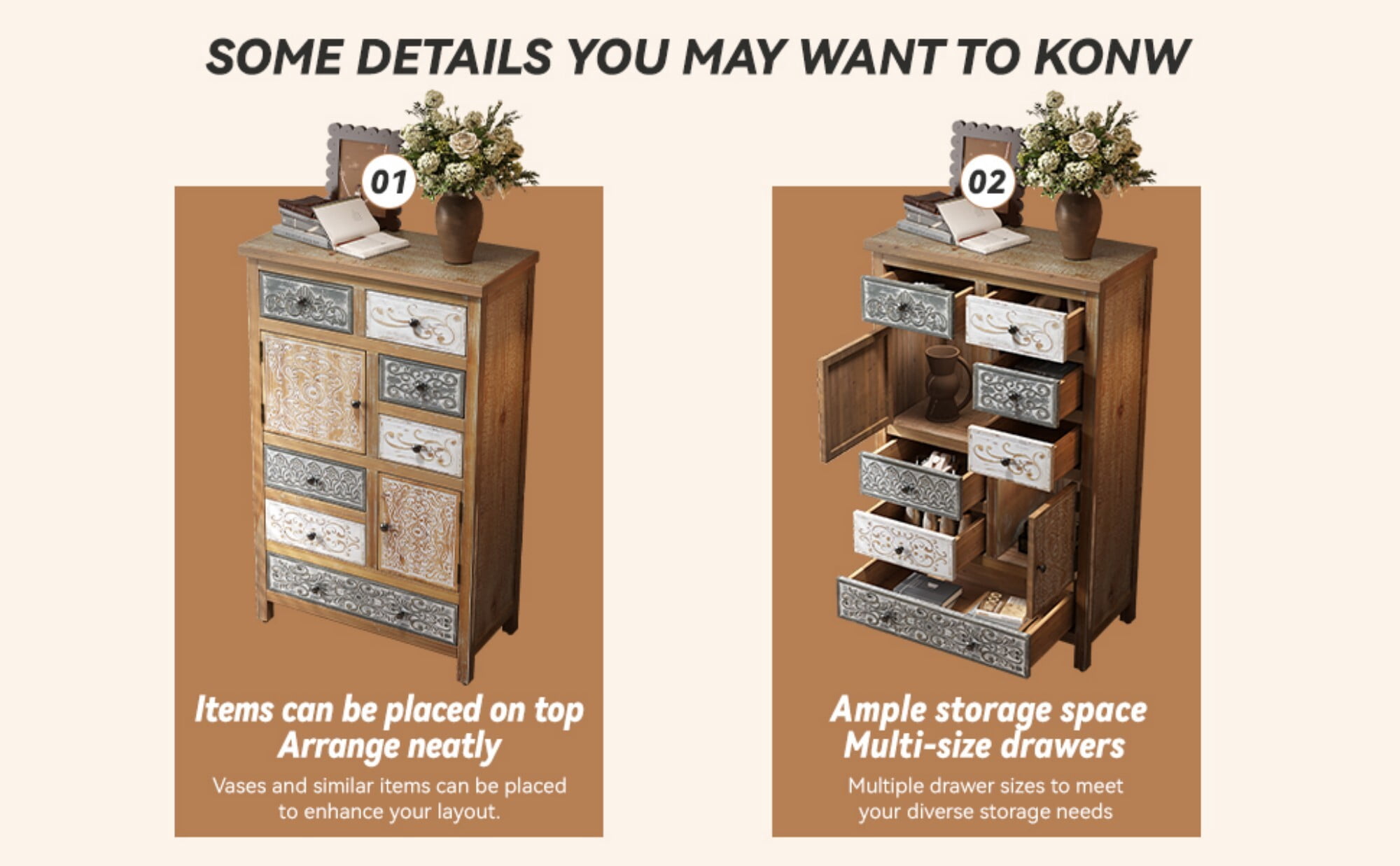 AENKYO Vintage 7-Drawer Tall Cabinet, Bohemian Storage Dresser with Distressed Finish for Bedroom, Living Room & Entryway