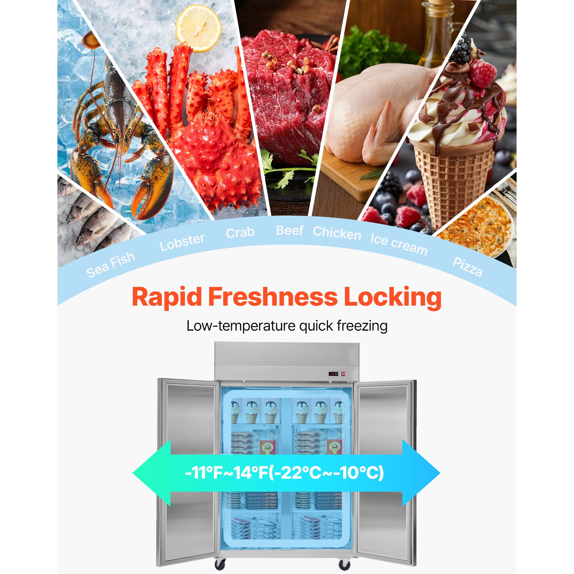 KFFKFF Commercial Upright Freezer, 47.64 in Wide Four-Door Design, 31.4 Cu.ft Capacity with Auto-Defrost, Stainless Steel Build, 6 Adjustable Shelves, -11 to 14℉ Temperature Range, LED Lighting