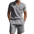 thumbnail image 3 of Men's Linen Cotton Casual Short Sleeve Shirt and Drawstring Shorts Set Solid Color Flip Collar Loose Fit Summer Beach Vacation Streetwear Outfits | AESTIVO,Gray XL, 3 of 9