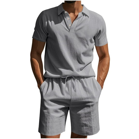 Paiyanr Cotton Linen Sets for Men Summer Breathable Tops Shorts 2 Piece Outfits Solid Color Casual Drawstring Waist Shorts Sets