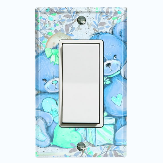 Metal Light Switch Wall Plate Outlet Cover (2 Teddy Bears Blue Teal With Love Heart Balloon Flower - Single Rocker)