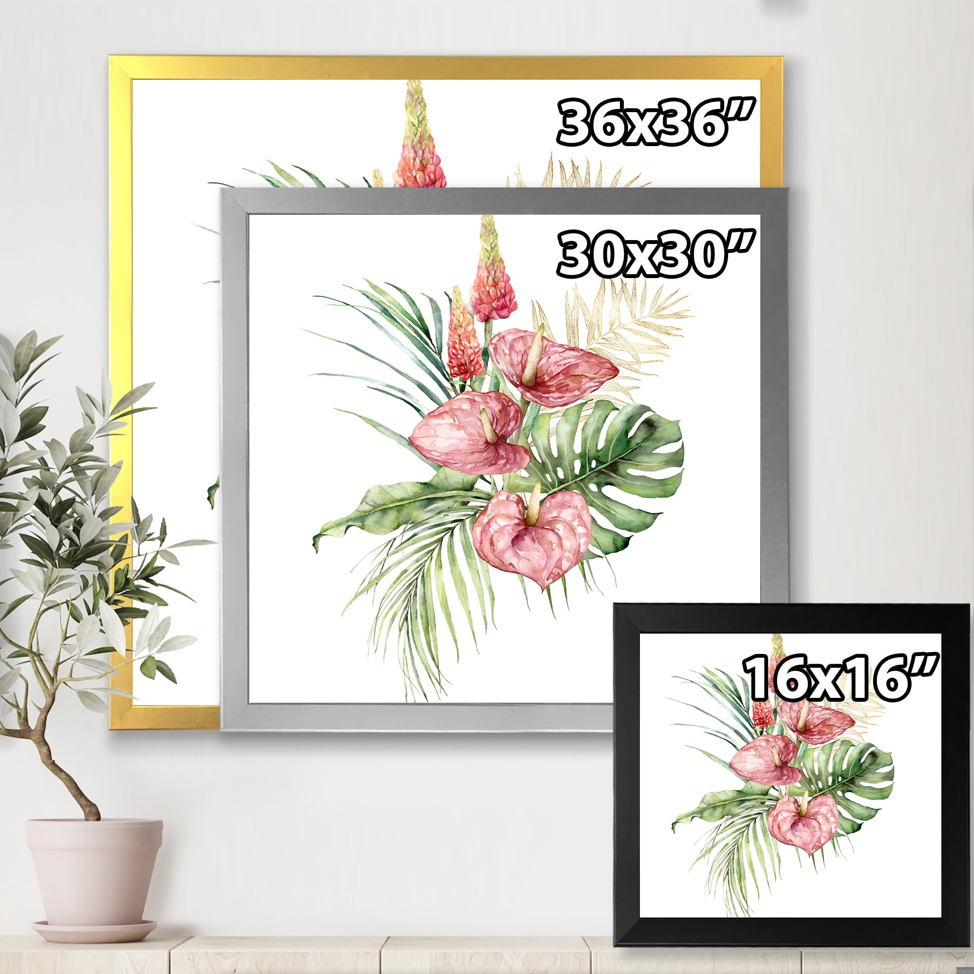 Designart 'Tropical Bouquet With Anthurium Lupine and Leaves On White I' Traditional Framed Art Print