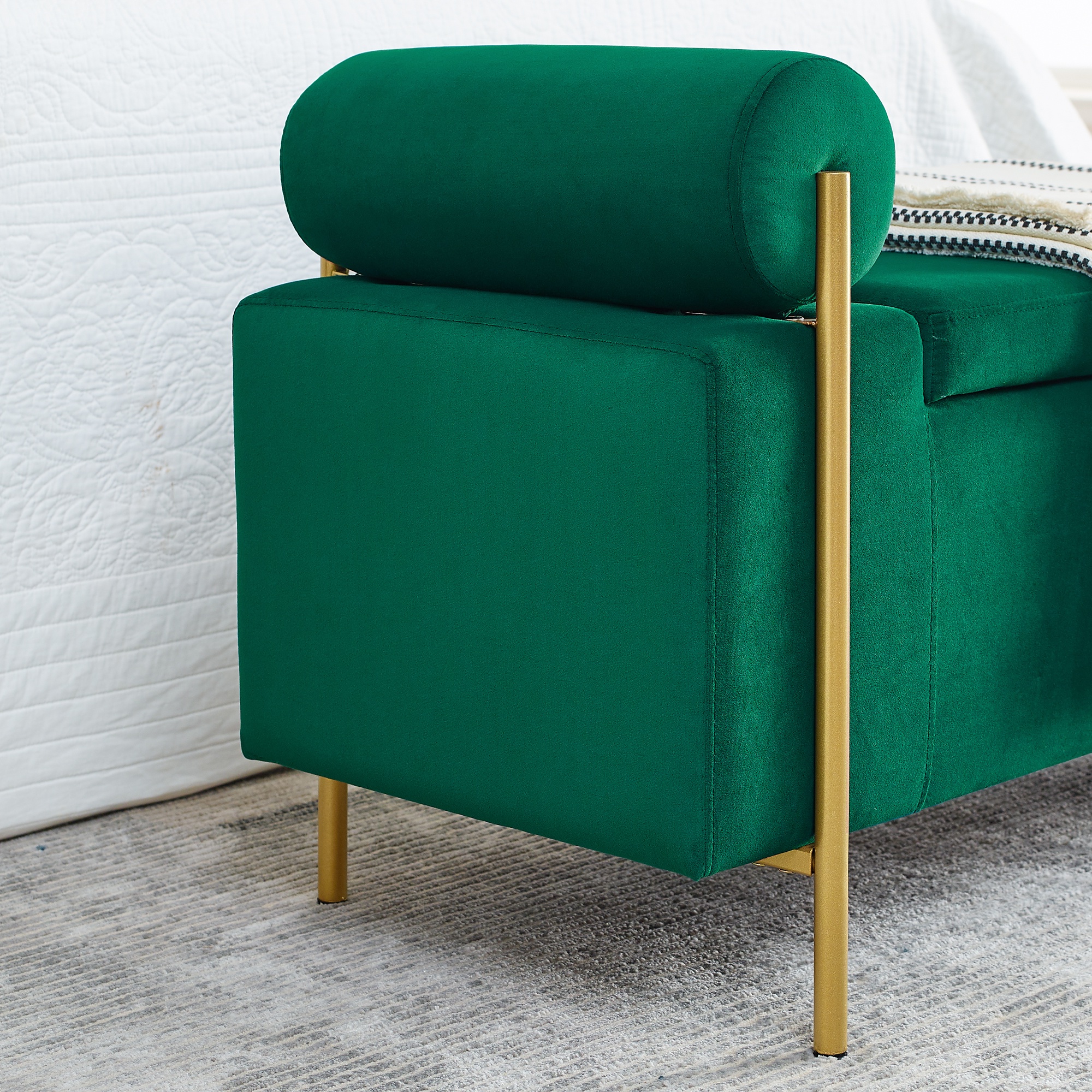 PORKISS 44” Storage Bench, Linen Upholstered Storage Ottoman with Metal Legs, Modern Long End of Bed Seat with Cylindrical Arms for Living Room, Bedroom, Entryway, Green