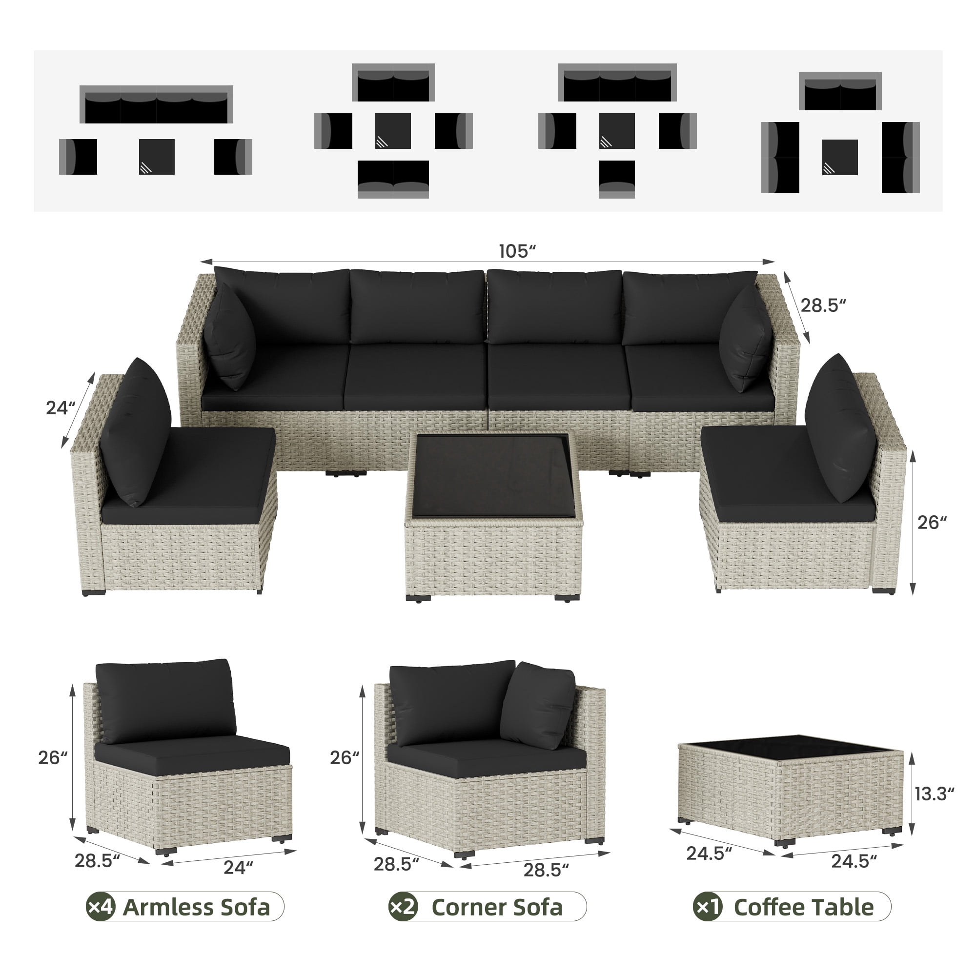 MRUAKA 7 Pieces Patio Conversation Set, Outdoor Sectional PE Rattan Wicker Furniture Seat,BLACK