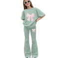 thumbnail image 2 of Girls Two Piece Outfit Summer Girls Clothing Set 2 Piece Bow Graphic Short Sleeve T Shirts Wide Leg Flare Pants Kids Summer Outfit Preppy Tracksuit Clothes, 2 of 5