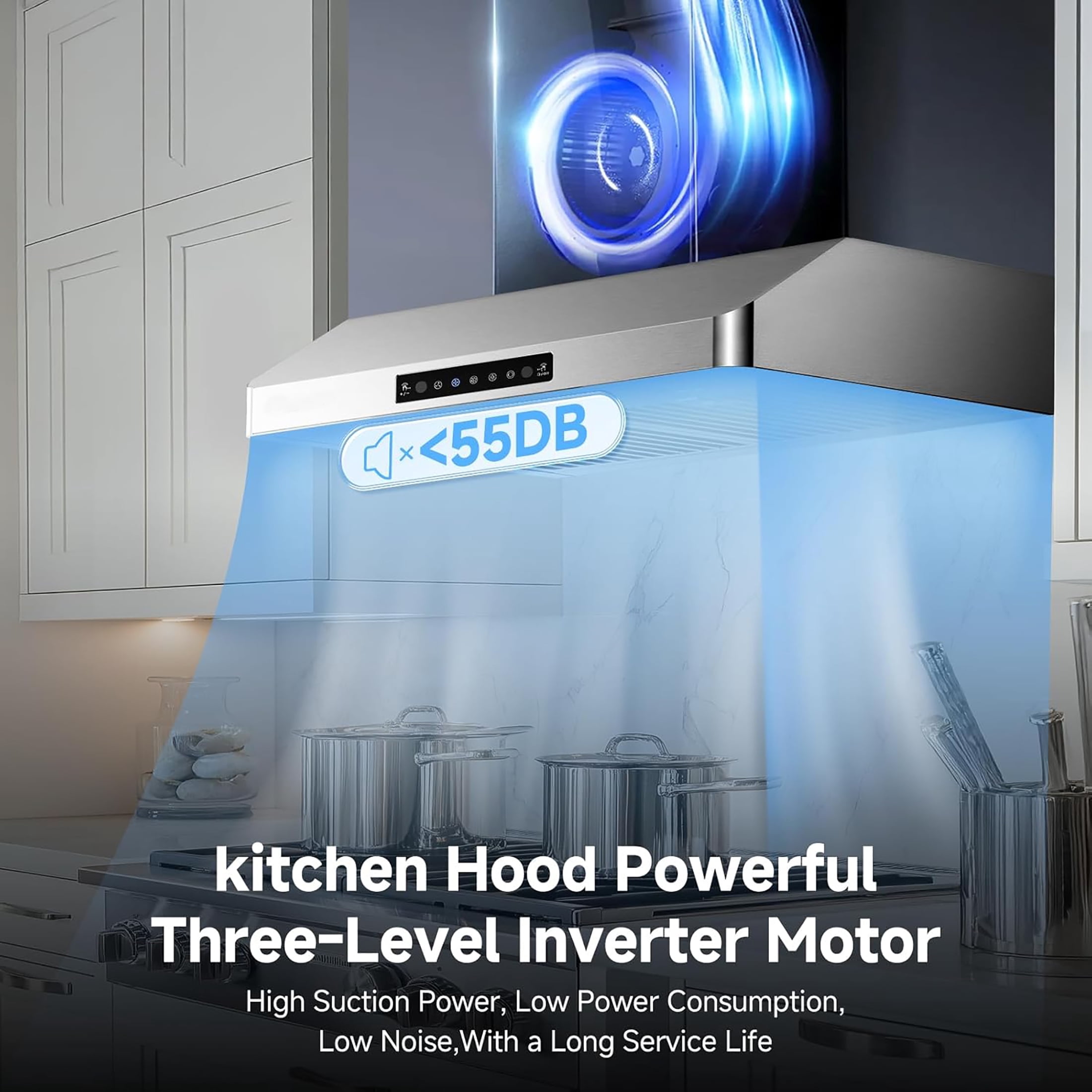 AAOBOSI 30" Under Cabinet Range Hood, Upgraded Motor, 3-Speed Stainless Steel Kitchen Vent Hood with Gesture & Touch Control, LED Lights