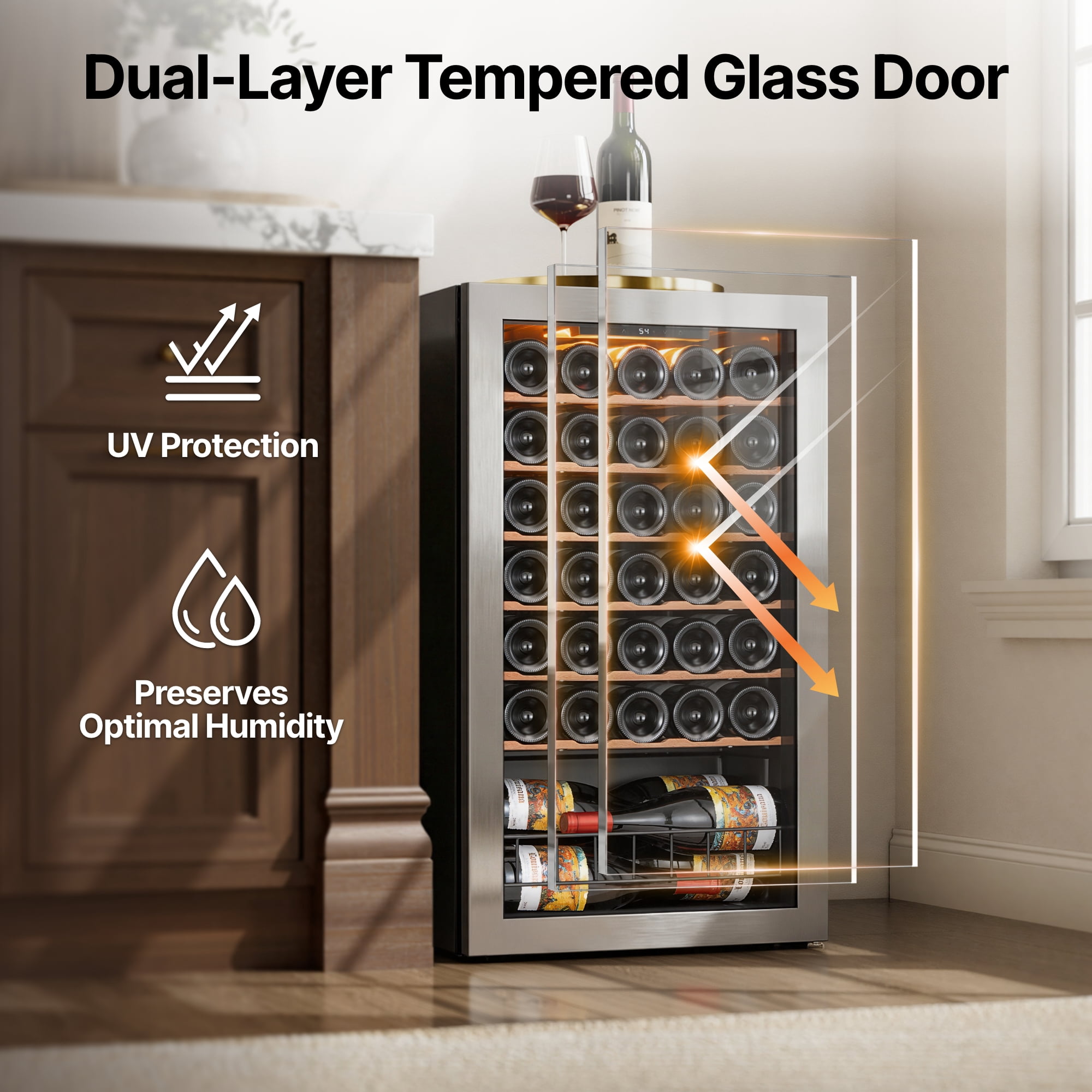 Ca'Lefort Wine Cooler Refrigerator, 3.35 cu.ft. Mini Wine Fridge Freestanding Wine Chiller with Double-Layer Glass Door for Home/Office