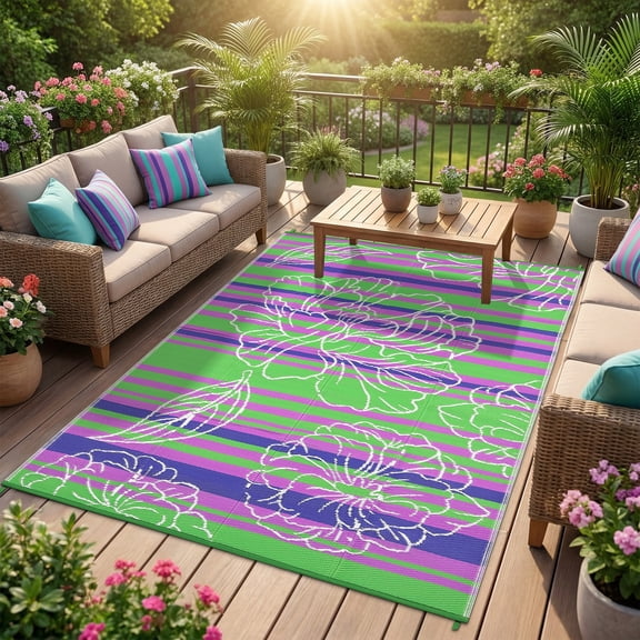 GlowSol Floral Outdoor Rug 8x10 Waterproof Machine Washable - Reversible Plastic Straw Patio Mat for Camping, RV, Deck, Backyard, Picnic, Beach