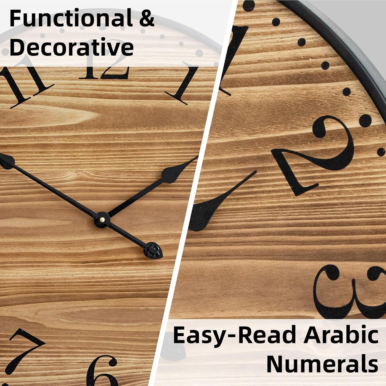 MODE HOME 24 Inch Large Farmhouse Wall Clock, Silent Non-Ticking Wood and Metal Decorative Clock, Rustic Dark Brown Round Wall Clock for Living Room, Kitchen, Bedroom