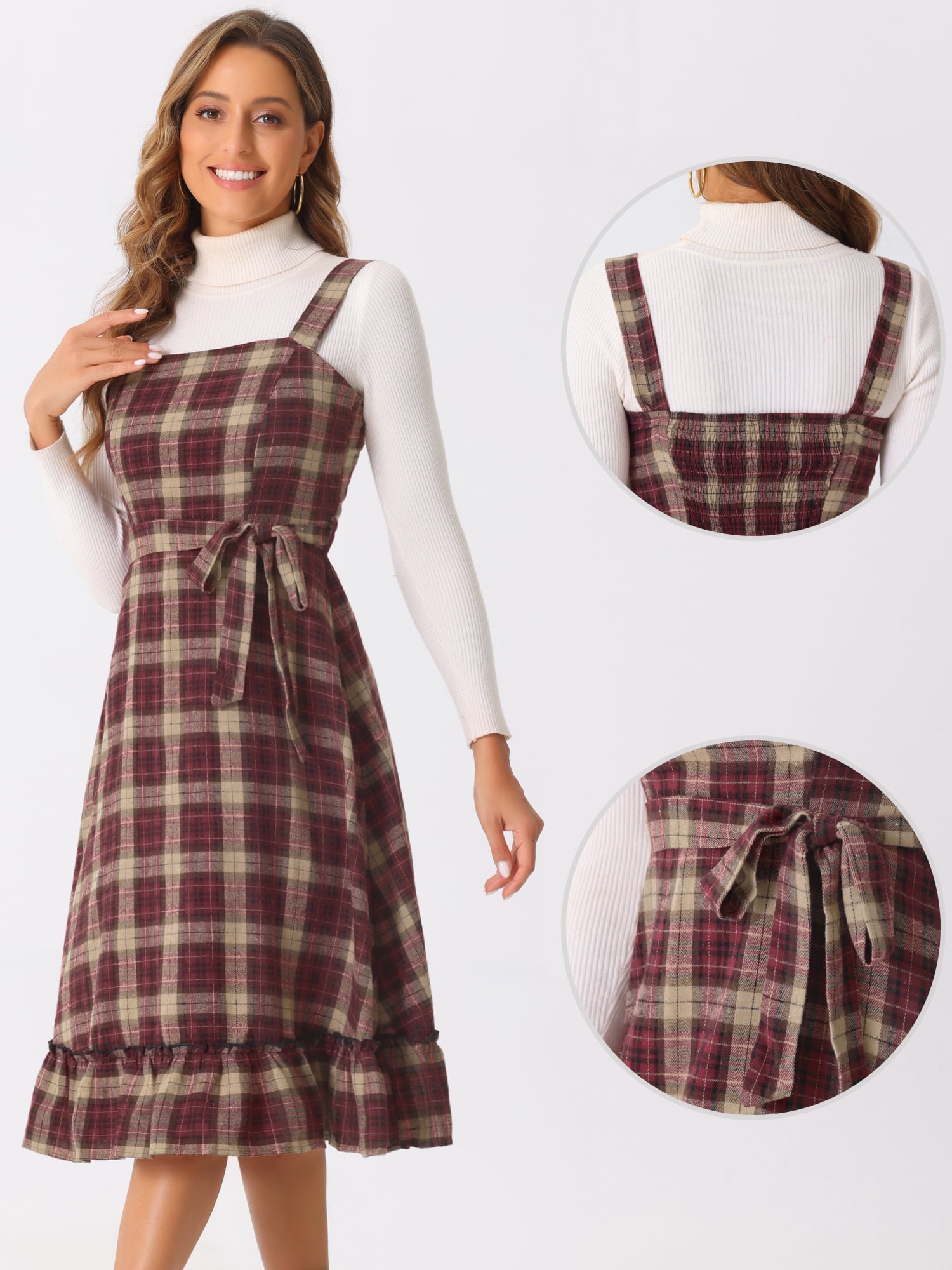 DARING DIVA Women's Ruffled Sleeveless Tie Waist A Line Plaid Dress M Red Black