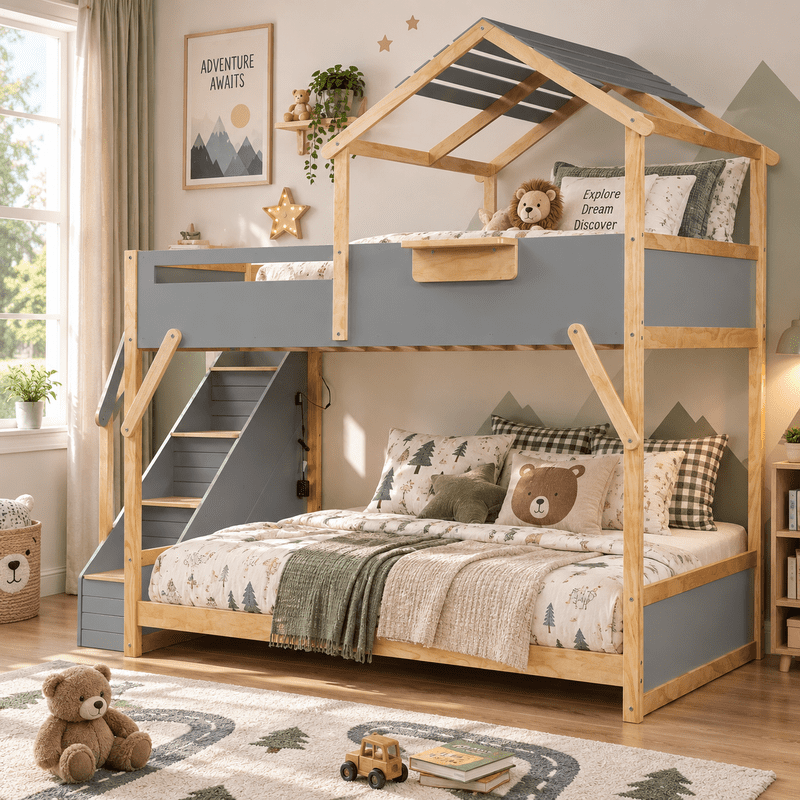 Full Over Full House Bunk Bed with Stairs, 3-Color LED Lights, Built-in Storage Panel, Wood House Bunk Bed Frame for Kids Teens, No Box Spring Needed