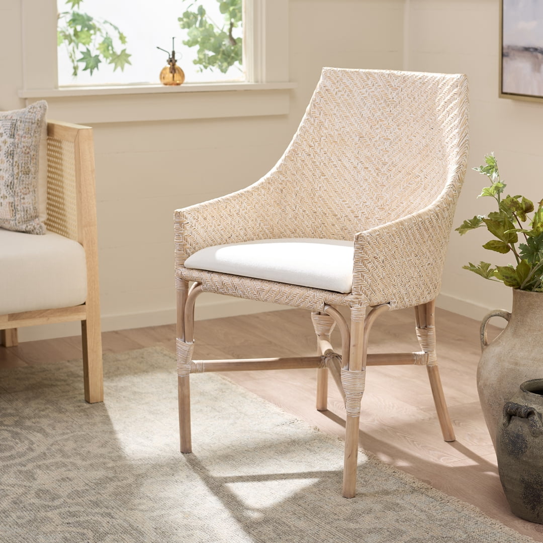 Safavieh Rikan Modern Rattan and Fabric Dining Arm Chair, White Washed/ Ivory